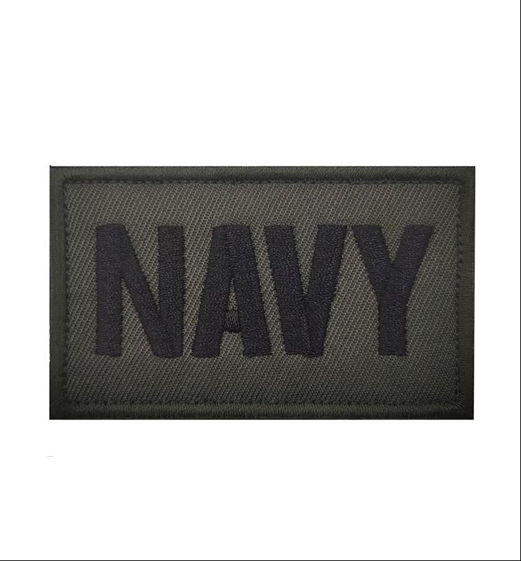 Black 'NAVY' patch with measurements on a white background