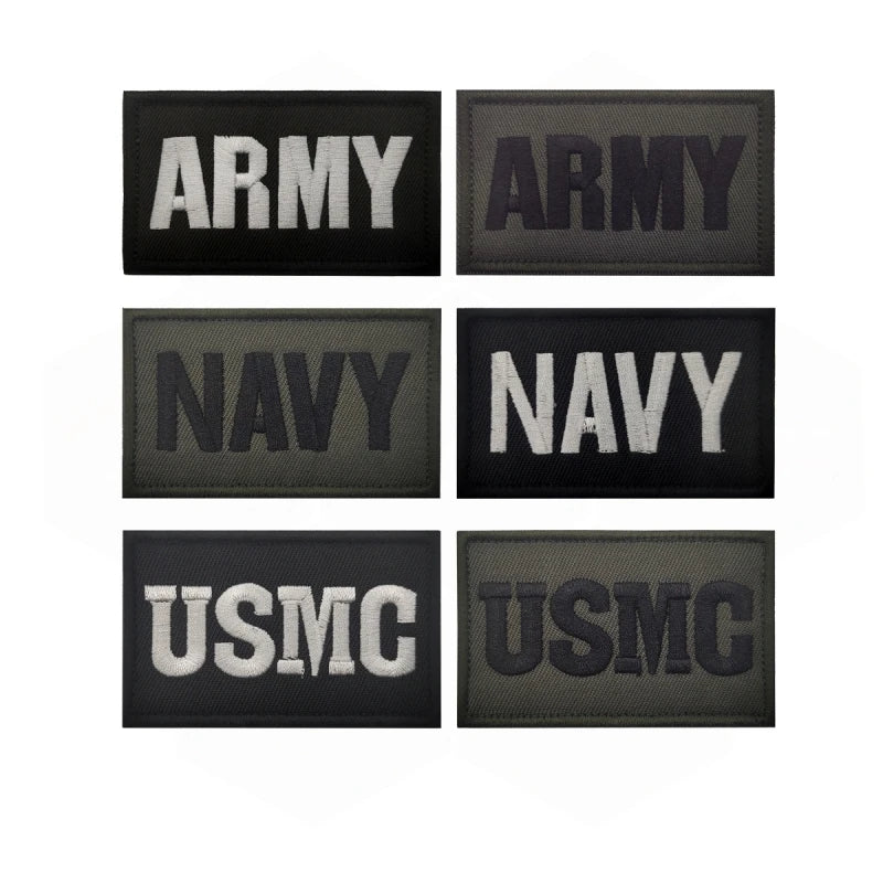 Set of Army, Navy, and USMC patches on a white background