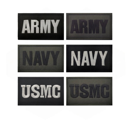 Set of Army, Navy, and USMC patches on a white background